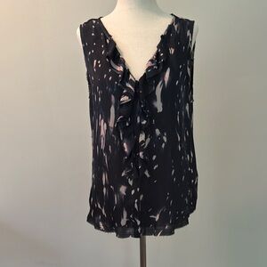GO BY GO SILK Ruffled Midnight & Tan Blouse